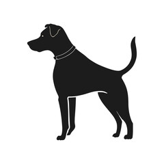 A black and white vector silhouette of a standing dog in side profile with pointed ears and a wagging tail on a white background
