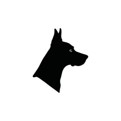 A black and white vector silhouette of a sitting dog with alert ears and a straight posture on a white background.