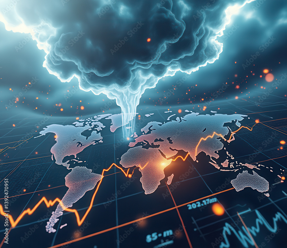 Fototapete usa and global trade war. visual representation of a digital world map with stormy clouds and data a