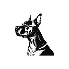A black and white vector silhouette of a running dog in mid-motion with legs stretched and head forward on a white background