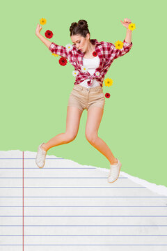 Artwork surreal collage of happy girl dance move energetic on green color background with paprer sheets flowers