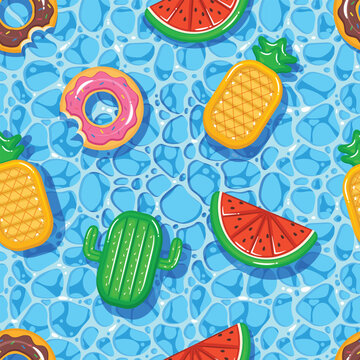 Cute summer pool with colorful floaties seamless pattern