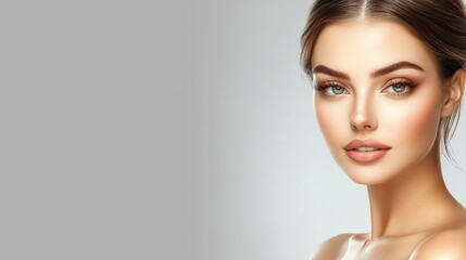 Fototapeta premium Portrait of a model with blue eyes set against a grey background, featuring ample empty space for logos and text, in a cosmetics cream theme