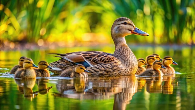 Mama duck swimming with her brood of fluffy ducklings through the shallow waters of a serene pond