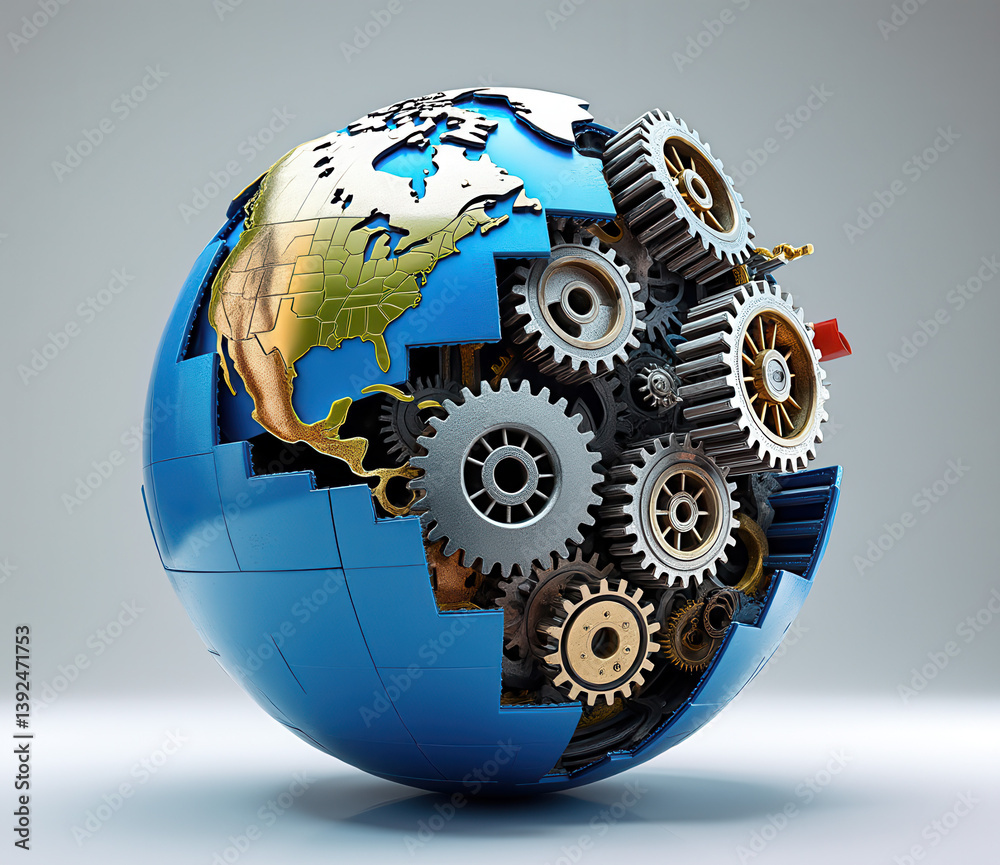 Poster USA and global trade war. Mechanical globe with gears representing technology and innovation.