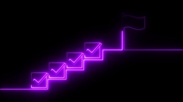 Stairs with check marks on each step and a flag at the top. Symbol of progress, achievement, motivation, growth, innovation and business success. Ideal for branding and presentations.
