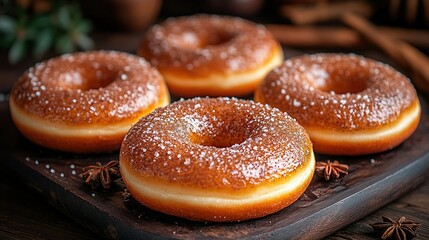 Air fryer cooking cinnamon sugar donuts with copy space on the top right, under warm lighting, with a cozy kitchen.