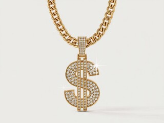 Luxury gold chain necklace featuring dollar sign pendant encrusted with diamonds