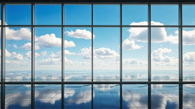 Modern interior of a spacious, empty office with large glass windows showcasing a bright sky and fluffy clouds, ideal for business and design concepts