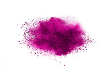 pink color powder explosion isolated on white background. Colored cloud. Colorful dust explode. Paint Holi