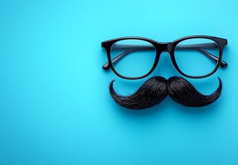 Fototapeta premium Minimalist Fathers Day Concept Black Rimmed Glasses And Mustache On Blue Background