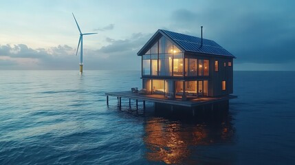 Offshore wind turbines and coastal solar panels work together, showcasing clean energy in a peaceful, ocean-side setting.