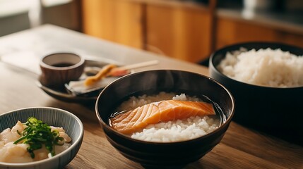A beautifully arranged meal featuring salmon on rice, accompanied by sides of pickled vegetables and soy sauce nestled on a wooden table