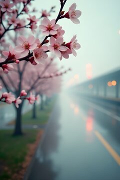 Los cerezos en flor florecen m&aacute;s all&aacute; de la niebla