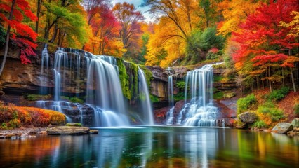 Serene Autumn Waterfall Oasis , colorful trees, natural scene,  colorful trees, natural scene, fallen leaves