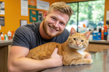 Cat grooming cafe, A customer picking up their cat from the grooming salon in a high-fidelity image.