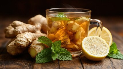 Ginger tea with lemon and mint.  A glass cup of hot ginger tea, infused with fresh mint leaves and a slice of lemon, sits beside ginger root
