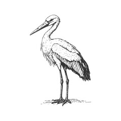 A stork. Vintage black ink illustration, isolated on white background. Pencil drawing, sketch style.