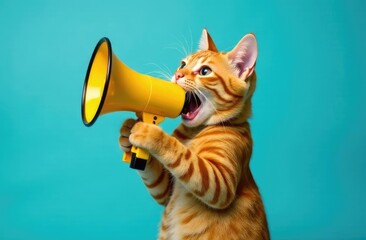 Fototapeta premium Red cat holds a yellow loudspeaker in its paws and screams on a blue background