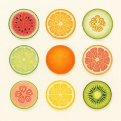 Fototapeta premium Fresh Fruit Medley: Vibrant slices of watermelon, orange, cucumber, lime, grapefruit, and kiwi, a refreshing collage of natural goodness. Showcasing a colorful composition of juicy fruits.