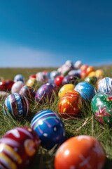 
Colorful Easter eggs on the grass, blue sky in the background