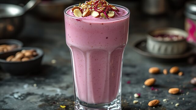 Rooh Afza milkshake in a tall glass, topped with crushed almonds and saffron strands, creamy pink texture.