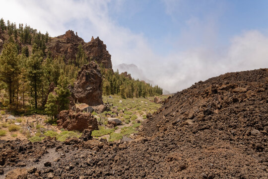 Sea of cloud rising above old lava flows at 2100m in Las Canadas caldera below Montana del Cedro, Teide National Park, Tenerife, Canary Islands. May, 2023. 