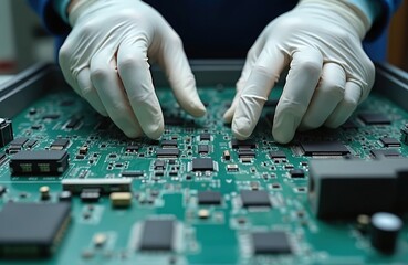Close-up of gloved hands carefully examining complex motherboard with electronic components. Inspection, quality control in tech manufacturing. Circuit board pcb for data processing, computing