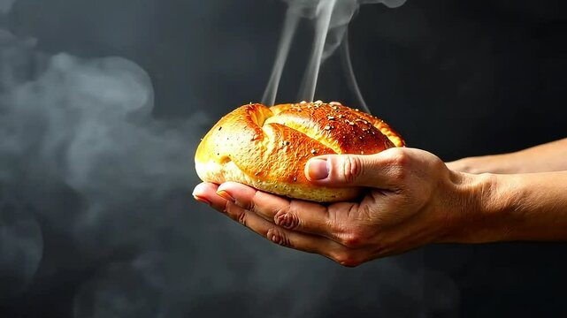 Freshly baked hot loaf of bread in the hands of a cook. Tasty bread with crispy crust and steam, bakery concept