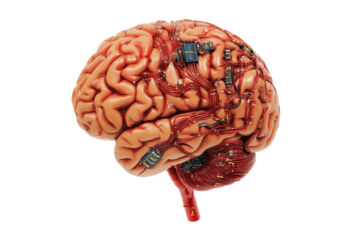Artificial brain model with circuit designs isolated on transparent background