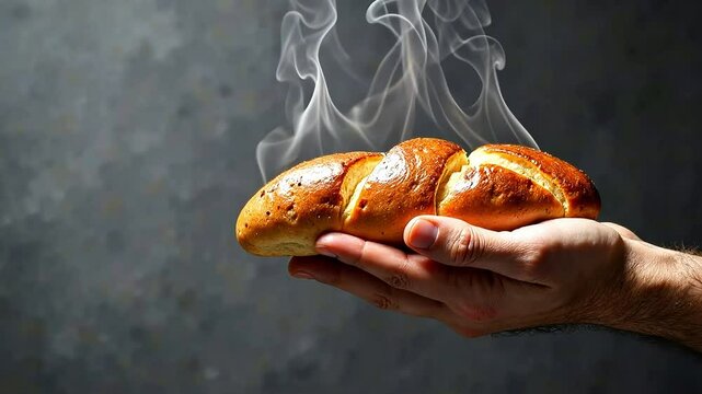 Freshly baked hot loaf of bread in the hands of a cook. Tasty bread with crispy crust and steam, bakery concept