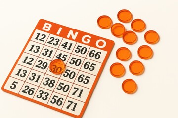 Bingo Game: A close-up shot of a vibrant bingo card with numbered squares and markers ready to be played, perfect for illustrating the thrill of gaming
