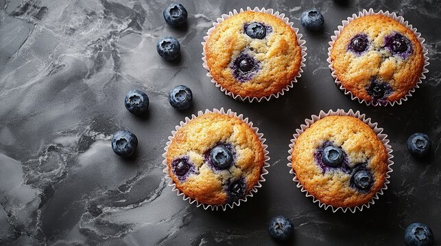 Air fryer baking blueberry muffins with copy space on the top, in natural light, with a minimalist kitchen.