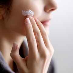 Naklejka premium In a stunning beauty close-up, a young woman with glowing skin is depicted applying a skincare cream, emphasizing hydration and a smooth smear