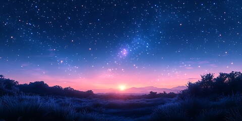 Naklejka premium Starry Sunrise Serene Landscape at Dawn.