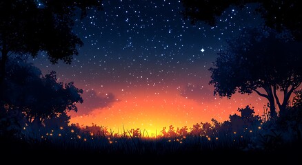 Obraz premium Starry Sunset Forest Firefly Magic.