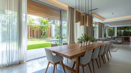 Bright contemporary living room with modern wooden dining table chairs plants and pool view