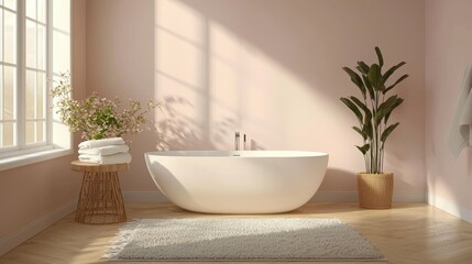 Fototapeta premium Serene bathroom sanctuary with modern oval tub soft light fresh flowers and minimalist design