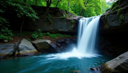 Isolated waterfall cascading down a rocky slope, forest, flowing water, rock