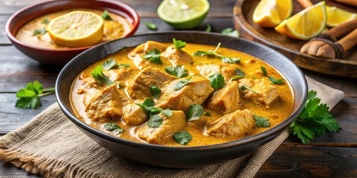 Creamy chicken korma served in a shallow bowl with a sprinkle of cilantro and lemon wedges on the side, herbs, dinner