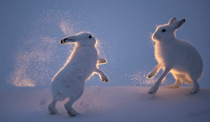 Two Mountain hares (Lepus timidus) fighting in snow at dusk, Vauldalen, Norway. May. 