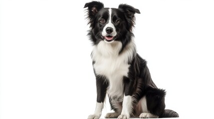 Fototapeta premium A striking black and white Border Collie sits attentively, gazing forward with bright eyes and a gentle expression