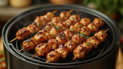 Air fryer cooking teriyaki chicken skewers with copy space on the left, under warm lighting, with a contemporary kitchen.