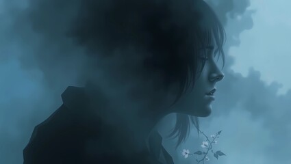 A woman in profile surrounded by fog and a small flower in a blue environment