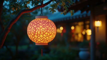 Fototapeta premium Asian lantern, garden, night