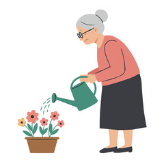 Elderly woman watering flowers in her garden. A minimalist and flat vector design style featuring a simple color palette.