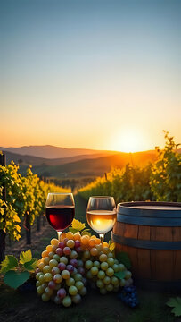 Un bicchiere di vino, grappoli d'uva, una botte e sullo sfondo un vigneto - Azienda vinicola	