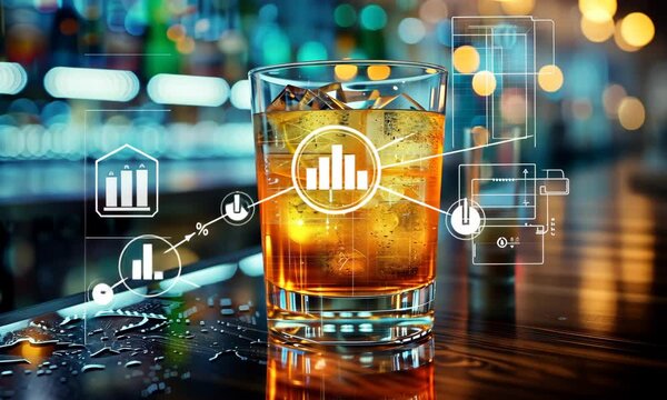 Whiskey glass with ice cubes on bar counter, digital elements overlay