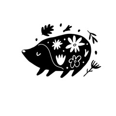 Whimsical Folk Art Hedgehog Silhouette with Floral Elements. Hand-Drawn Botanical Hedgehog Illustration, Drawing