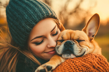Woman Hugging Her Happy Dog